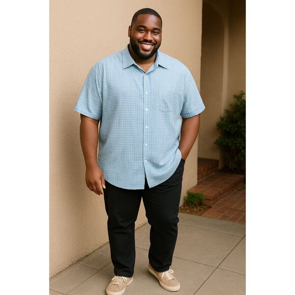 Harbor Bay Size 2XLT Shirt Mens Cool & Dry Short Sleeve Blue Plaid Cotton Blend - Picture 8 of 10